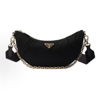 PRADA Re-Nylon Demi-lune Metal Hardware Accessories Enamel Triangle Metal Logo Half Moon Bag Shoulder Bag Women's Black