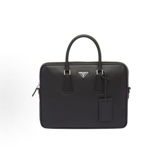 PRADA Saffiano Painted Enamel Metallic Triangle Logo Zipper Closure Tote Shoulder Crossbody Briefcase Men's Black