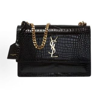 SAINT LAURENT YSL SUNSET Sunset Bag Aged Gold Label Logo Chain Crossbody Shoulder Bag Medium Women's Black