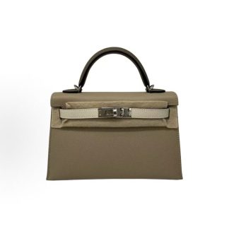 HERMES Mini Kelly II 19 Silver Buckle Kelly Bag Shoulder Crossbody Handbag 19 Women's Trench Coat Gray Cream White Elephant Gray