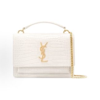 SAINT LAURENT YSL SUNSET Gold Label Logo Shiny Crocodile Embossed Magnetic Buckle Closure Sunset Bag Chain Bag Wallet Handheld Crossbody Shoulder Bag Regular Women's White