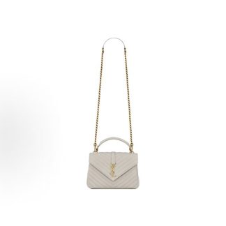 SAINT LAURENT YSL College Gold Logo Chain Quilted Leather Tote Shoulder Crossbody Bag Medium Women's Grey