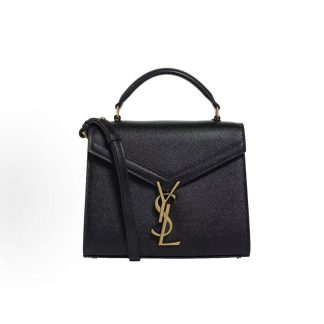 SAINT LAURENT YSL Cassandra Old Gold Label Logo Grained Embossed Handheld Crossbody Shoulder Bag Mini Women's Black
