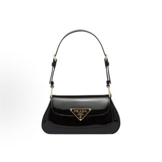 PRADA Enamel Metal Triangle Logo Buckle Shoulder Bag Women's Black