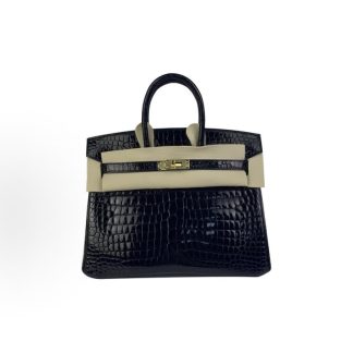 Hermes Birkin 25 Strapless Shiny V-Gold Buckle Platinum Bag Tote Bag Women's Black