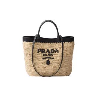 PRADA Letter logo embroidered weave One shoulder crossbody tote Small Women's Beige black