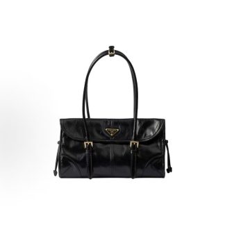 PRADA Brand Logo Magnetic Buckle Flap Closure Tote Shoulder Bag Medium Women's Black