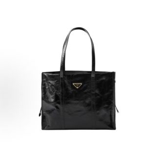 PRADA Enamel Metallic Triangle Logo Tote Bag Tote Bag Tote Bag Tote Large Women's Black