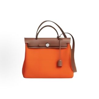 HERMES Herbag Zip 31 Silver Buckle One Shoulder Crossbody Tote Bag 31 Unisex Pair Flame Orange with Gold Brown