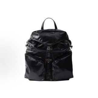 PRADA Enamel Metallic Triangle Logo Drawstring Flap Closure Backpack Men's Black