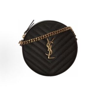 SAINT LAURENT YSL Vinyle Old Gold Label Logo Chain Quilted Small Round Bag Crossbody Shoulder Bag Women's Black