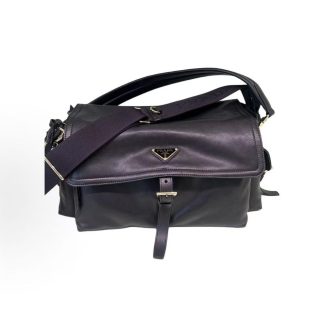PRADA Enamel Triangle Logo Gold Hardware Shoulder Bag Women's Black