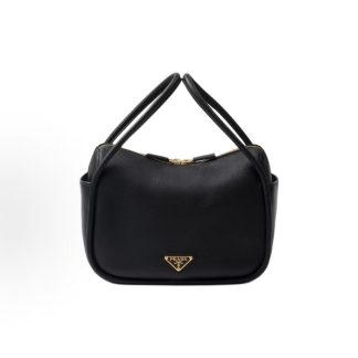 PRADA Enamel Metal Triangle Logo Zip Closure Tote Bag Women's Black
