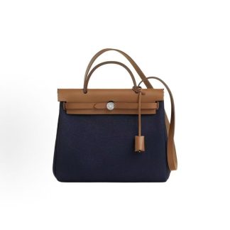 Hermes Herbag Zip 31 Silver Buckle Crossbody Bag 31 Unisex Couple Navy Blue Patched Brown