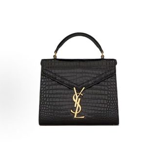 SAINT LAURENT CASSANDRA Gold Label Logo Crocodile Embossed Shiny Crossbody Bag Handbag Shoulder Bag Mini Women's Black