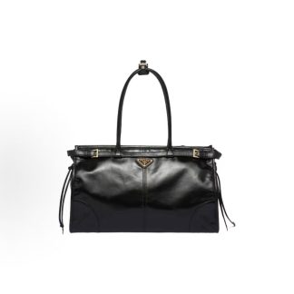 PRADA Bonnie soft lux collection Detachable adjustable shoulder strap Enamel metal triangle logo Shoulder bag large size women's black