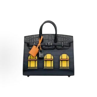 HERMES Birkin 20, Black Hardware, Women's Matte Black Combined with Orange and Amber