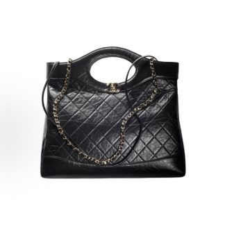 CHANEL 31Bag 26P Gold Buckle Diamond Plaid Leather Chain Hollowed-out Handle One Shoulder Tote Bag Black