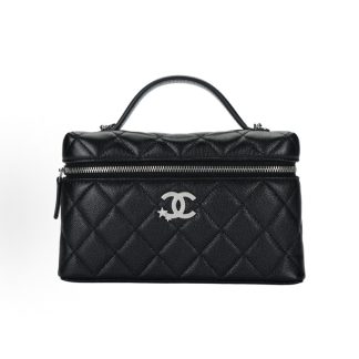 CHANEL 25B Stars Brand Logo Rhinestones Leather Chain Granular Silver Chain Handbag Black