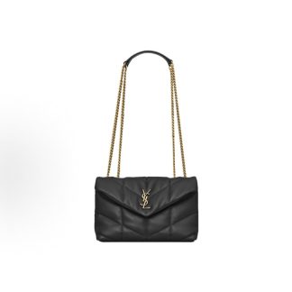 SAINT LAURENT YSL PUFFER Bronze Metal Hardware Double Leather Edge Chain Shoulder Strap Crossbody Shoulder Bag Black