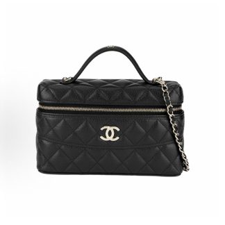 CHANEL 25C Gold Buckle Diamond Plaid Quilted Double C Lock Leather Chain Makeup Bag Granulated Cowhide Gold Hardware Crossbody Tote Bag Black