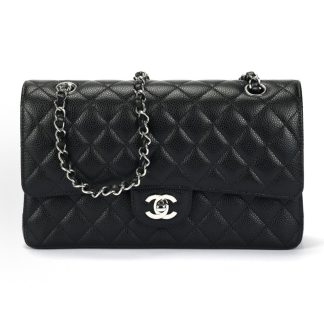 CHANEL Classic Flap CF Classic Silver Buckle Rhombic Leather Chain Chain Strap Granulated Embossed Cowhide Flap Bag Crossbody Shoulder Bag Medium Black