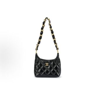 CHANEL 24A Gold Metal Leather Chain Rhombus Lambskin Wandering Bag Tote Shoulder Bag Small Black
