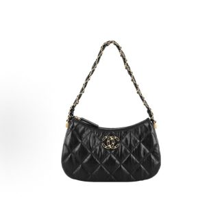 CHANEL 23K Double C Leather Chain Diamond Plaid Underarm Bag Hobo Bag Shoulder Bag Black