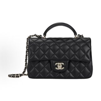 CHANEL Classic Flap CF Gold Label Double C Logo Diamond Quilted Leather Chain Flap Bag Crossbody Tote Mini Black