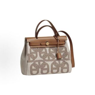HERMES Herbag Zip 24 Gold Buckle One Shoulder Crossbody Tote 24 Unisex Couple Beige Brown