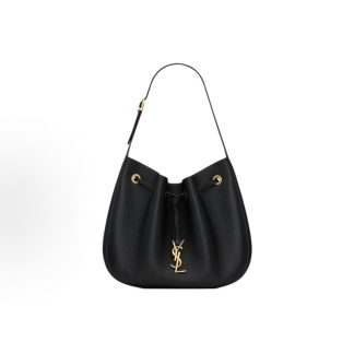SAINT LAURENT Gold Logo Adjustable Shoulder Strap Grained Leather Shoulder Bag Tote Bag