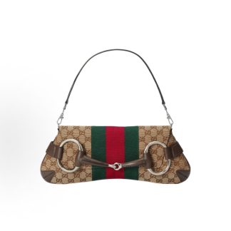 GUCCI Horsebit 1955 Presbyopia Full Print Bit Chain Double Strap Underarm Bag Shoulder Clutch Medium Women's Beige Ebony