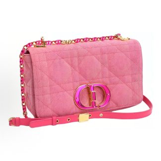 DIOR Caro Detachable Adjustable Chain Link Shoulder Strap Oversized Cane-Ted Shoulder Bag Medium Women's Bright Pink
