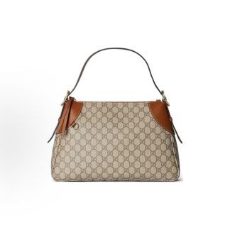 GUCCI Emblem Adjustable Strap Monogram Shoulder Bag Medium Women's Beige with Dark Brown