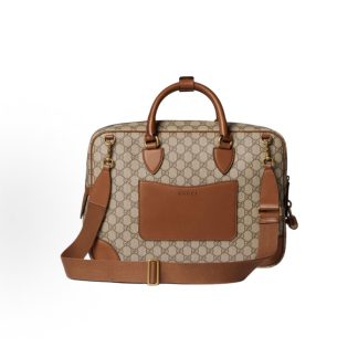 GUCCI GG Emblem brand logo zip closure One shoulder crossbody briefcase medium Men's beige with dark brown