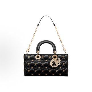 DIOR Lady D-Joy Detachable Adjustable Strap with Butterfly Stud Embellishment Davis Bag One Shoulder Crossbody Tote Medium Women's Black