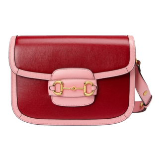 GUCCI 1955 Horsebit Vintage Gold Buckle Colour-Blocked Colour-Blocked Saddlebag Crossbody Shoulder Bag Small Women's Red with Pink