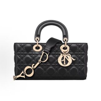 DIOR Lady D-Joy Light Gold Metal Brand Pendant Adjustable Detachable Shoulder Strap Davis Shoulder Bag Tote Medium Women's Black