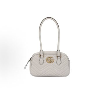 GUCCI GG Marmont Distressed Double G Logo Zip Closure Quilted Herringbone One Shoulder Tote Bag Women's Light Grey