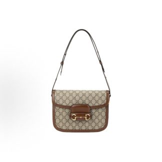 GUCCI Horsebit 1955 Presbyon Logo Saddlebag Hand Carry Crossbody Shoulder Bag Small Unisex Ebony Patchwork Brown