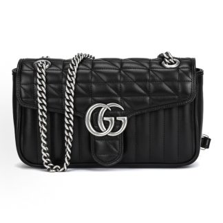 GUCCI Marmont Distressed Silver Label Logo Chain Vertical Bar Twill Quilted One Shoulder Crossbody Bag Small Women's Black