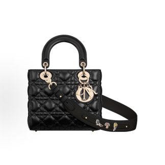 DIOR Lady Dior My ABCDior Brand Metal Pendant Quilted Davis Bag One Shoulder Crossbody Tote Small Women's Black