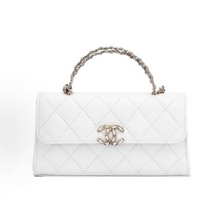 CHANEL 23P Diamond Plaid Leather Chain Chain Handle Granular Gold Hardware Flap Bag Shoulder Crossbody Tote Bag White