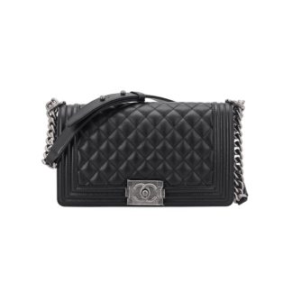 CHANEL Leboy Distressed Silver Buckle Diamond Check Double C Logo Calf Leather One Shoulder Crossbody Bag Medium Unisex Black