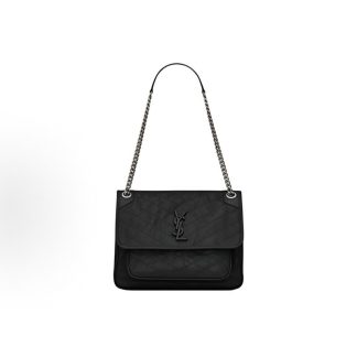 SAINT LAURENT YSL Niki Silver Chain Black Logo Vintage Pleats Wandering Bag Crossbody Shoulder Bag Medium Black