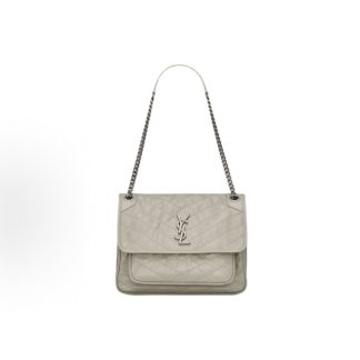 SAINT LAURENT YSL Niki White Logo Vintage Pleats Leather Trooper Chain Bag Crossbody Shoulder Bag Medium White