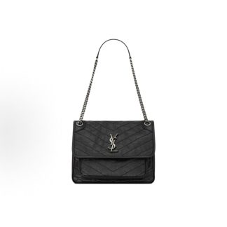 SAINT LAURENT Niki Silver Label Chain Quilted Shoulder Bag Medium Black