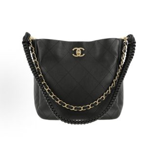 CHANEL 23A hippie bag leather chain rhombus plaid calfskin with gold metal shoulder bag medium black