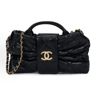 CHANEL 25K Brand Logo Bow Bag Sheepskin Vintage Gold Chain Tote Bag Mini Black