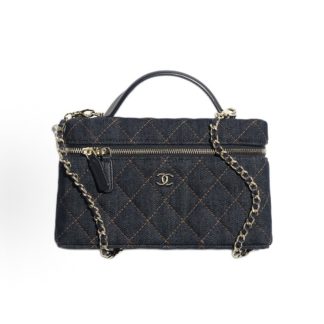 CHANEL 26P Classic Chain Double C Logo Diamond Plaid Leather Chain Gold Buckle Box Bag Crossbody Handbag Women's Dark Blue Orange